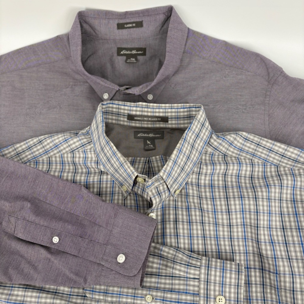 Lot of 2 Eddie Bauer Mens TXL Long Sleeve Button Down Shirts Purple Plaid TXL
